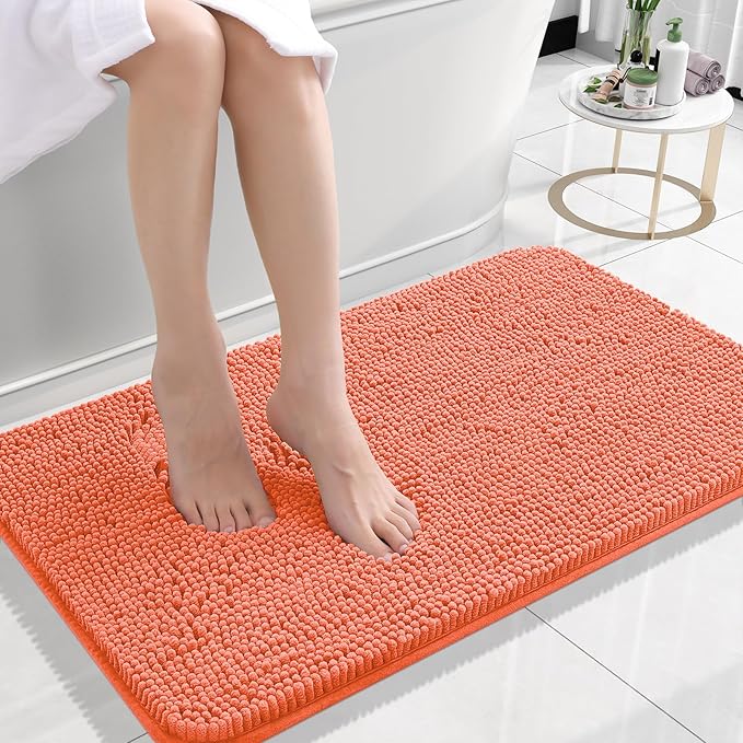 OLANLY Bathroom Rugs 24x16, Extra Soft Absorbent Chenille Bath Rugs, Rubber Backing Quick Dry, Machine Washable Bath Mats for Bathroom Floor, Tub and Shower, Home Decor Accessories, Coral