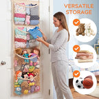 Over The Door Stuffed Animal Storage, Cotton Toy Organizer for Storage Plush Toys,Baby Supplies, Stuffed Animal Holder with 4 Large Pockets, Hanging Door Organizer for Nursery, Bedroom, Kids Room