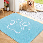 OLANLY Dog Door Mat for Muddy Paws 40x32, Paw Print Design, Absorbs Moisture and Dirt, Absorbent Non-Slip Washable Doormat, Quick Dry Chenille Mud Mat for Dogs, Entry Indoor Entryway Carpet, Blue