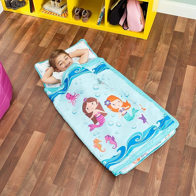 EVERYDAY KIDS Toddler Nap Mat with Removable Pillow -Underwater Mermaids- Carry Handle with Fastening Straps Closure, Rollup Design, Soft Microfiber for Preschool, Daycare Sleeping Bag, Ages 2-6 years