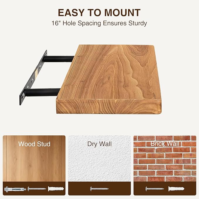 Dreamland 48" Solid Elm Wood Floating Shelves, 8" Deep Wall Shelves for Home Decor, Floating Shelf with Invisible Bracket, Heavy-Duty Display Shelf - for Living Room, Kitchen, Bathroom, Set of 1