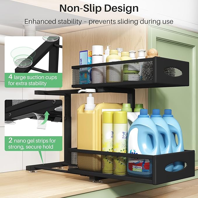 Under Sink Organizer, 2 Tier Pull out Cabinet Organizer Baskets with Mesh Sliding Drawers, Slide out Storage Shelf for Home, Kitchen, Bathroom, Pantry, Office Cabinet, Countertop(1 Pack)