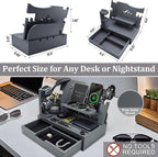 Nightstand Organizer for Men with Large Drawer, Wood Phone Docking Station for Phone, Apple Watch, Wallet & Keys, Ideal Birthday Gift for Father Husband, Bedside Desk Organizer (Grey)