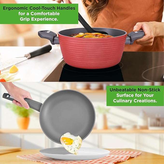 NutriChef 12-Piece Nonstick Kitchen Cookware Set-PTFE/PFOA/PFOS-Free Heat Resistant Lacquer Kitchen Ware Pots Pan Set Dark Gray/Red- Saucepot, Pans, Cooking Pot Oven Pot, Lid, Utensil - NCCW12RED