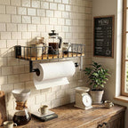MyGift Wall-Mounted Matte Black Metal Paper Towel Holder with Premium Acacia Wood Shelf and 3 Hanging Hooks