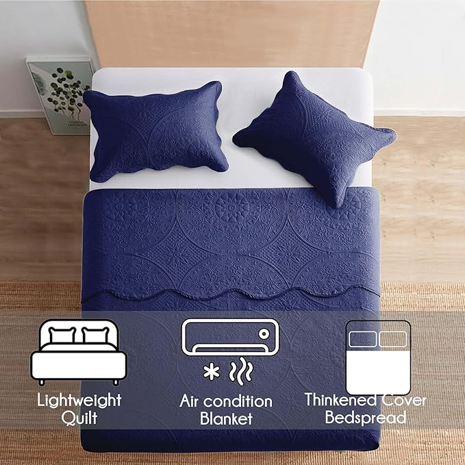 IR Imperial Rooms 8 Pack Quilt King Size Bedding (106" x 96") - Bulk Wholesale for Hotels, Guest Bedroom & Airbnbs - Lightweight Microfiber Reversible Floral Embossed Quilts Bedspreads (Navy)