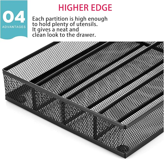 JANE EYRE Utensil Drawer Organizer, Cutlery Tray Silverware Flatware Storage Divider for Kitchen, Mesh Wire with Non-slip Foam Feet, 5 Component, Black