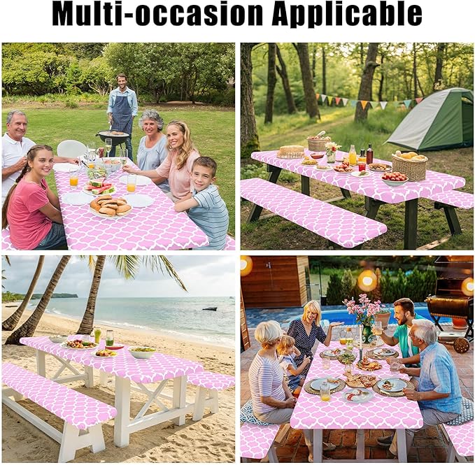 Smiry Picnic Table Cover with Bench Covers, Waterproof Elastic Fitted Tablecloth for 8 Foot Tables, Washable Polyester Tablecloths for Camping, Indoor & Outdoor (Pink, 30x96 Inch 3-pc Set)