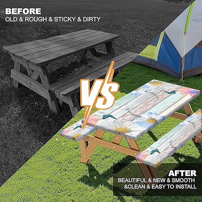 Rustic Daisy Flower Wooden Picnic Table Cover with Bench Covers, Farmhouse Flower Waterproof Wood Board Tablecloth for Patio Camping Outdoor Party Decorations with Drawstring Bag, 30X60in, 3PCS