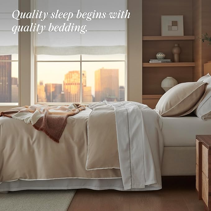 Double Stitch Cotton Tencel Duvet Cover - Queen Size Comforter Cover, Luxury & Soft Eucalyptus Lyocell Bedding Set for Hot Sleepers, Cooling & Breathable, Button Closure, Sandstone Contrast, 90"x90"