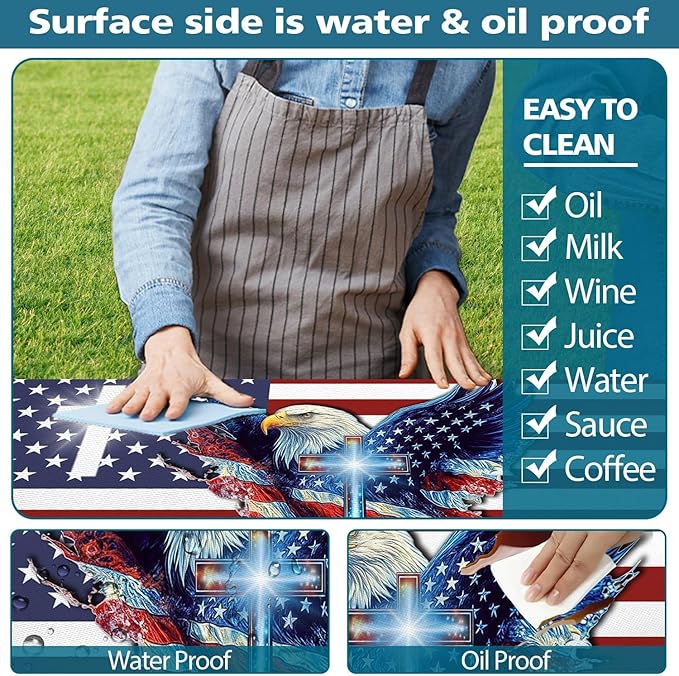 American Flag Picnic Table Cover with Bench Covers, USA Flag Art Eagle Camping Essentials Waterproof Table Cloth Fitted for Table Rectangle and Seats,Outdoor Table Covers with Elastic Windproof Edges