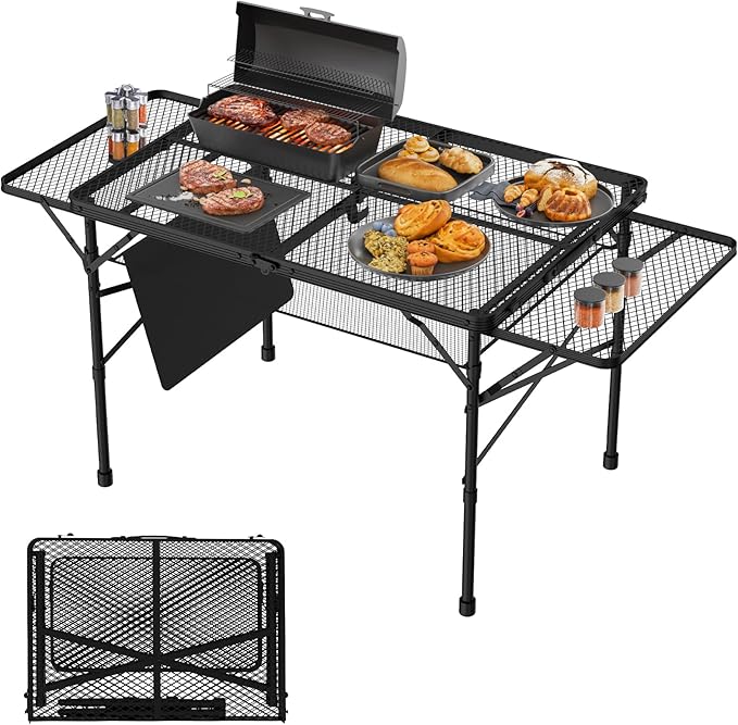 WildFinder Folding Table with 2 Wing Panels, 3x2 FT Camping Table with Mesh Desktop,Height Adjustable Folding Grill Table with Mesh Bag,Portable Outdoor Table for Picnic,Camping,BBQ,Beach(Black)