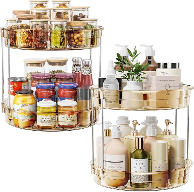 LAMU 2 Pack 2 Tier Lazy Susan Turntable Organizer 12'' Rotating Spice Rack Organization for Cabinet, Kitchen, Pantry, Countertop, Bathroom, Vanity, Medicine Cabinet Organizer, Amber