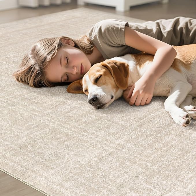 10x12 Area Rug Living Room: Washable Large Vintage Beige Rugs Neutral Non-Slip Soft Stain Resistant Indoor Carpet for Bedroom Nursery Dining Room Under Table Bed Home House Office Playroom