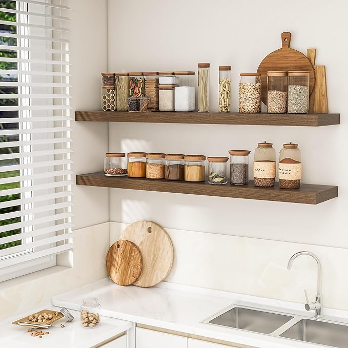 RICHFOCUS 55Inch Floating Shelves for Wall 2 Pack Shelves for Bedroom|Kitchen|Bathroom Wall Mounted Rustic Wood Floating Shelf with Invisible Brackets for Books|Storage|Decor, Walnut