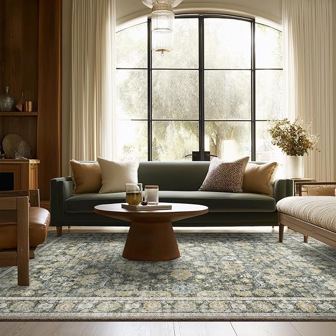6x9 Washable Rug Vintage Fade Resistant Boho Distressed Non-Slip Indoor Large Carpet Low Pile Lightweight & High-Traffic Safe for Bedroom, Dorm, Playroom - Farmhouse Decor