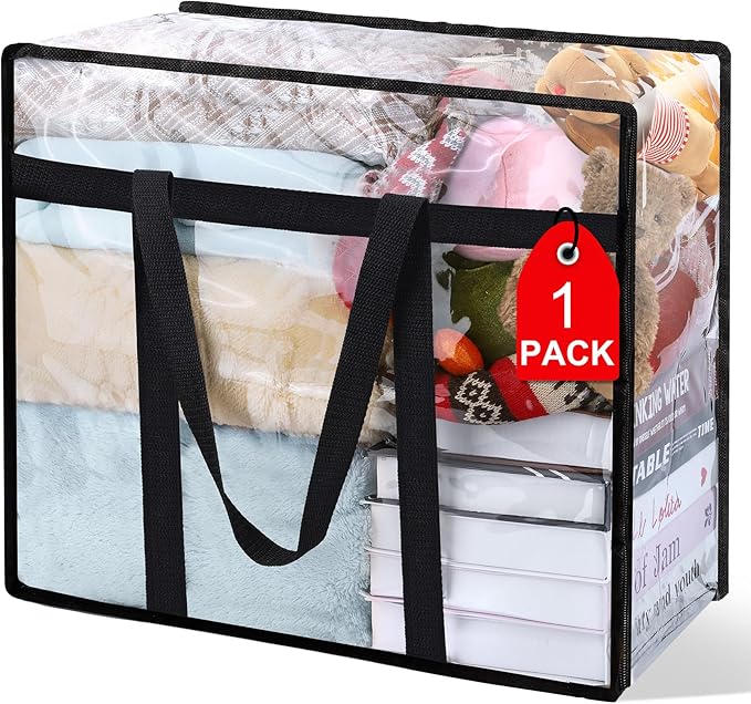 1Pack Clear Blanket Storage Bags, Vinyl Comforter Clothes Storage Closet Organizers and Storage Containers Moving Bags with Reinforced Handle for Bedding, Clothing, Comforters, Pillows, Toys,40L