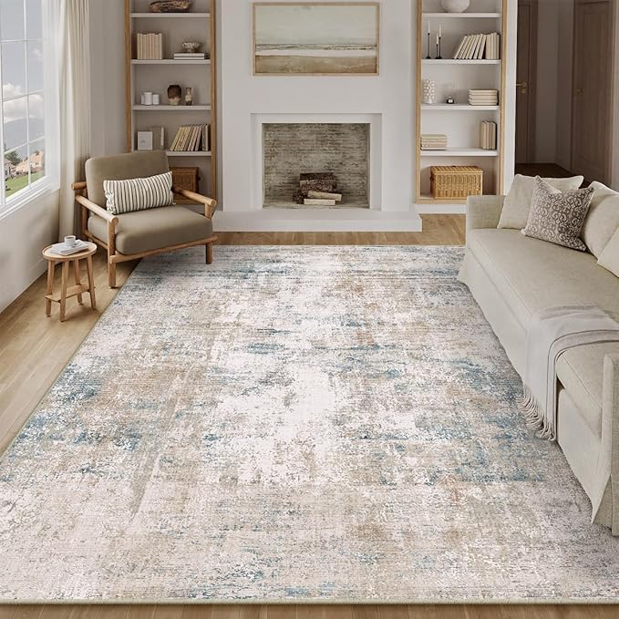 9x12 Area Rug Beige Blue Abstract Living Room Bedroom Washable Carpet Neutral Modern Non Slip Soft Low Pile Large Throw Rug for Dining Room Kitchen Office