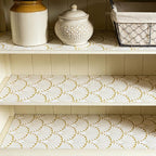 Shelf Liners Non Adhesive Gold Background White Fan-Shaped Pattern - Thickened Non-Slip Easy to Clean Drawer Liner for Kitchen Cabinets, Tool Box,Refrigerator,with Knife & Tape Measure,12in x 10FT