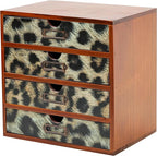Classic Leopard Print Wooden Desk Organizer - 4-Drawer Desktop Storage - Rustic Wood Cabinet for Office Supplies, Craft Tools, & Home Organization - Luxurious Drawer Unit