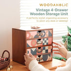 Mid-Century Modern Geometric Pattern Desk Organizer - Earth Tone Desktop Storage with 4-Drawer - Retro Modern Wood Cabinet for Office Supplies, Craft Tools, & Home Organization - MCM Drawer Unit