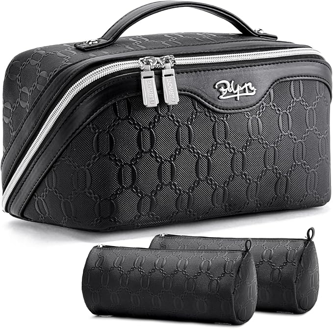 BOYATU Travel Makeup Bag for Women: Cosmetic Organizer Bag with Compartments - Leather Make up Bags Set of 3 (G-4-Black)
