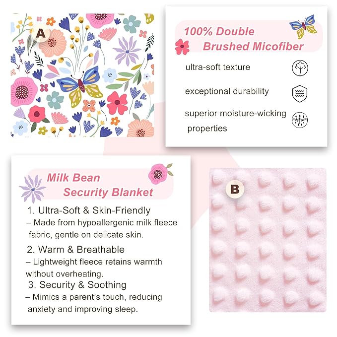 Viviland Toddler Nap Mat, Rolled Sleeping Mats with Pillow and Minky Dot Blanket for Girls, Kids Slumber Bag Nap Mat for Preschool, Daycare, Kindergarten, Travel Camping - Butterfly Garden