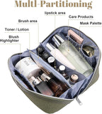 BOYATU Travel Makeup Bags Cosmetic Organizer Bag: 3 Pcs Set Large Capacity Make up Bag with Compartments - Waterproof Leather Toiletry Bags with Handle for Women (A-Green)