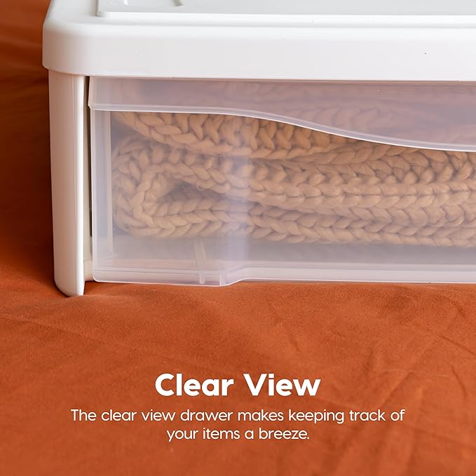 IRIS USA 22 Qt Under Bed Storage, Stackable Organizer Bin Plastic Container with Sliding Drawer, 2 Pack, Multi-Purpose for Clothes, Shoes, Bedding, White
