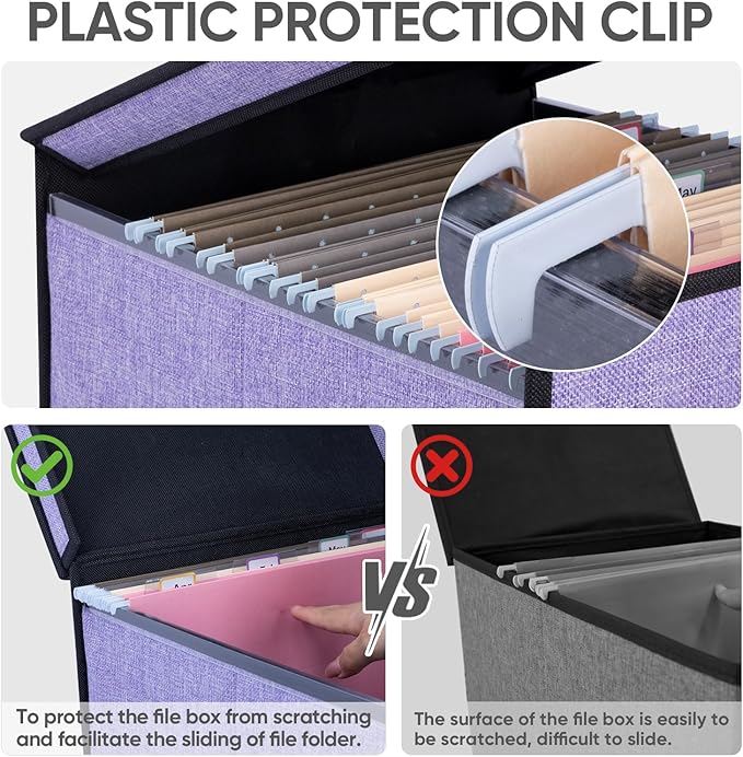 BALEINE File Organizer Box with Lid, Collapsible File Folder Organizer with Plastic Slide, Hanging File Folder Box for Office Document Storage (Tab Friendly, 1 Pack, Purple)