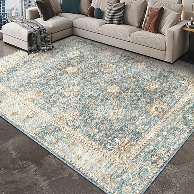 8x10 Vintage Living Room Area Rug - Large Soft Washable Indoor Floor Oriental Farmhouse Rugs for Bedroom, Home Office House Decor, Ocean Terracotta