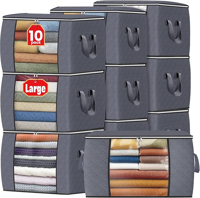 Fab totes 24 Gallons Clothes Storage, Foldable Thick Fabric Blanket Storage Bags, Containers for Organizing Bedroom, Closet, Clothing, Comforter, Organization with Handle (10 Pack,Grey)