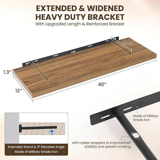 Dreamland 40" Floating Shelves for Wall, 12" Deep Slim Walnut Floating Shelves, Wall-Mounted Shelves for Bedroom, Living Room, Kitchen, Bathroom - Set of 2