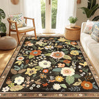 Floral 6x9 Area Rug Machine Washable Soft Print Boho Carpet Non Slip Doormat Low Pile Flower Area Rugs for Living Room Bedroom Nursery Kitchen Dining Room Indoor-Black/Yellow/Red