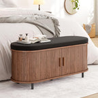ONBRILL 43" Shoe Bench with Storage, Fluted Shoe Storage Bench with Cushion, Sliding Door and Adjustable Shelf, for Entryway, Hallway, Living Room, Walnut