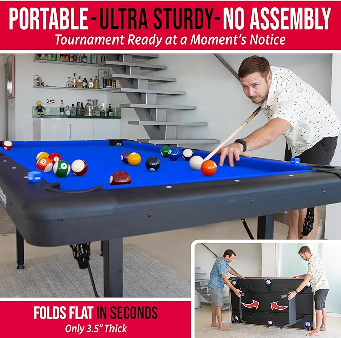 GoSports 6, 7, or 8 ft Billiards Tables - No Assembly, Choose Your Color - Portable Pool Table Includes Full Set of Balls, 2 Cue Sticks, Chalk and Felt Brush