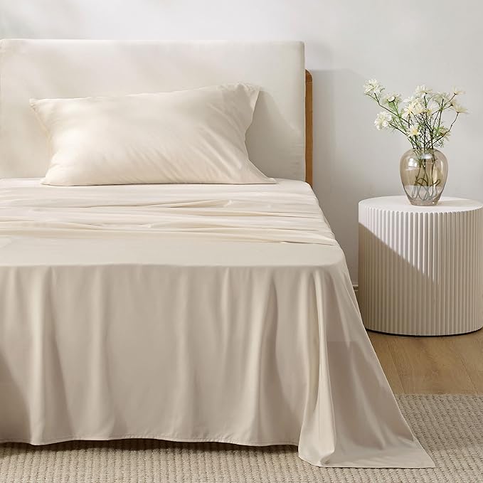 Bedsure Cooling Sheets Twin, Rayon Derived from Bamboo, Breathable & Soft Twin Sheets Set, Deep Pocket Up to 16 Inches, Hotel Luxury Silky Bedding for Hot Sleepers, Light Beige
