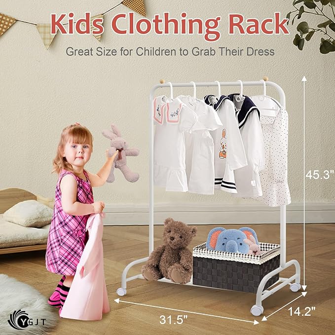 YGJT Kids Clothing Rack, Baby Clothes Racks for Hanging Clothes with Wheels and Bottom Storage Shelf, Small Toddler Garment Rack Kids Dress Up Storage Wardrobe for Coats, Skirts, Dance Costume(White)