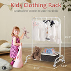 YGJT Kids Clothing Rack, Baby Clothes Racks for Hanging Clothes with Wheels and Bottom Storage Shelf, Small Toddler Garment Rack Kids Dress Up Storage Wardrobe for Coats, Skirts, Dance Costume(White)