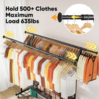 HOKEEPER Heavy Duty Clothes Rack Load 635 LBS, Clothing Rack for Hanging Clothes, Adjustable Black Double Rod with Metal Basket, Portable Rolling Garment Rack with Wheels for Bedroom, Laundry Room