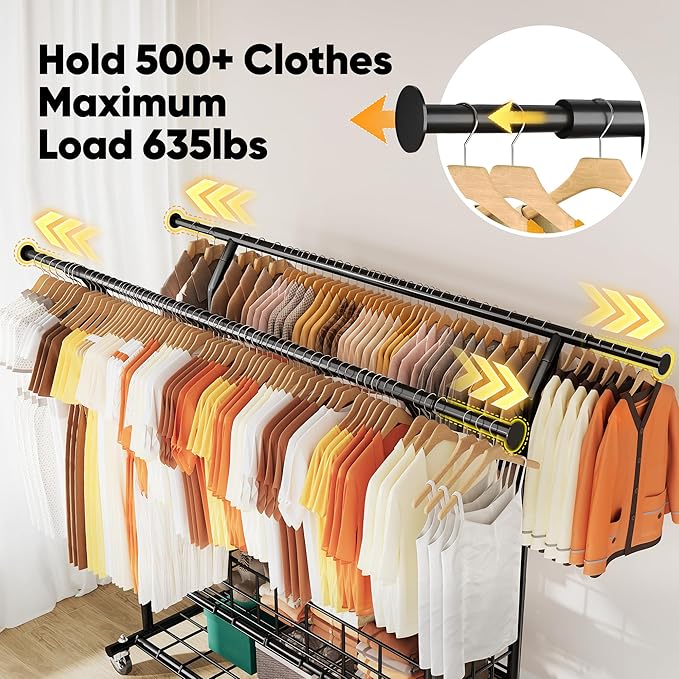HOKEEPER Heavy Duty Clothes Rack Load 635 LBS, Clothing Rack for Hanging Clothes, Adjustable Black Double Rod with Metal Basket, Portable Rolling Garment Rack with Wheels for Bedroom, Laundry Room