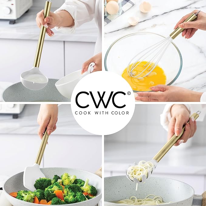 COOK WITH COLOR Silicone Cooking Utensils, Kitchen Utensil Set, Easy to Clean Silicone Kitchen Utensils, Cooking Utensils for Nonstick Cookware, Kitchen Gadgets Set with Holder, 10 Pieces