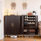 DHH Shoe Storage Cabinet with Sliding Door, 6-Tier Shoe Cabinet with Adjustable Shelves, Modern Freestanding Shoe Storage Organizer for Entryway, Hallway, Living Room (Dark Walnut, 31.5 ")