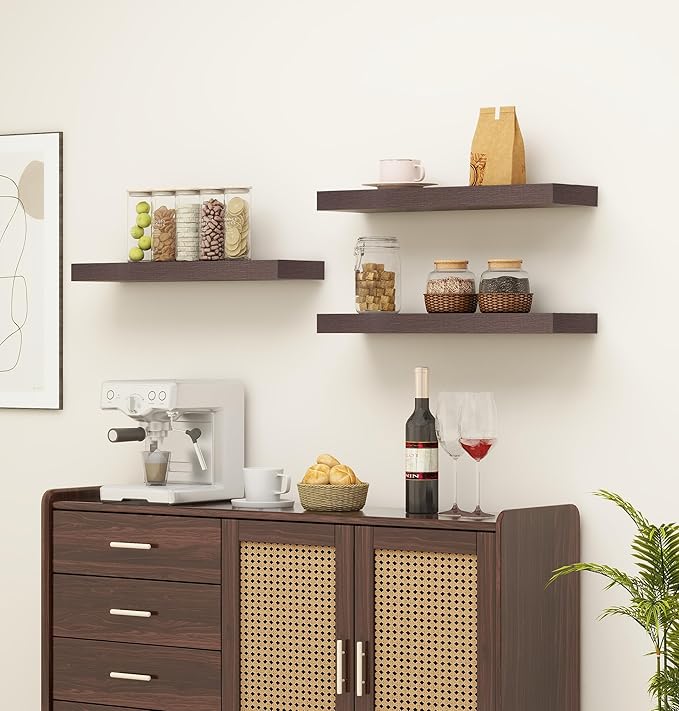 Vervida® Shelves for Wall Storage for Bathroom, Bedroom, Living Room, Kitchen, Hanging Shelf for Books/Storage/Room Decor with 32 Lbs Capacity Floating Wall Shelves (Brown, Set of 3, 24" W x 5.8" D)