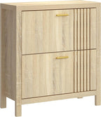 knoworld Shoe Storage Cabinet for Entryway with 2 Flip Drawers, 31.5" Narrow Fluted Shoe Organizer Cabinet, Slim Wooden Shoe Cabinet, Freestanding Hidden Shoe Cabinet for Entrance, Hallway (Natural)