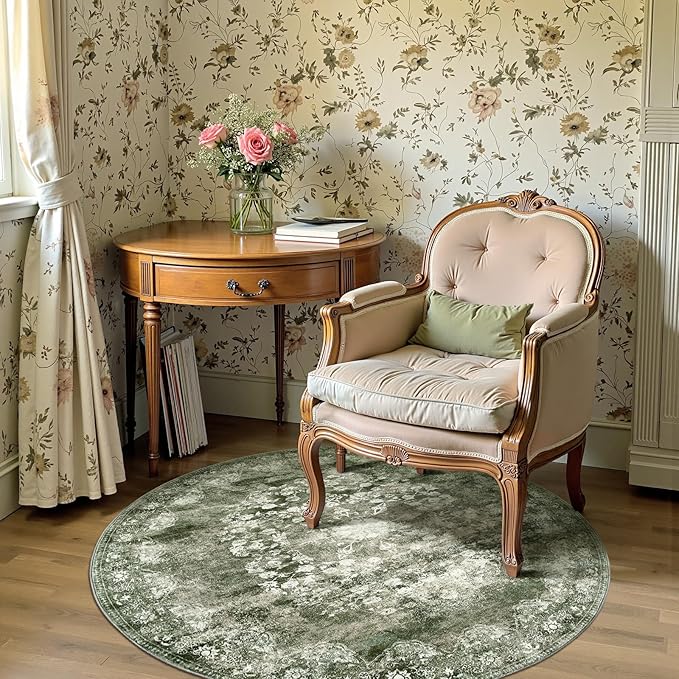 jinchan Round Rug 4ft Area Rug - Green Vintage Floor Mat Kitchen Indoor - Washable Circle 4' Thin Floral Print Carpet Retro Farmhouse Non Slip Dining Room Living Room Bedroom Office