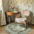 jinchan Round Rug 4ft Area Rug - Green Vintage Floor Mat Kitchen Indoor - Washable Circle 4' Thin Floral Print Carpet Retro Farmhouse Non Slip Dining Room Living Room Bedroom Office