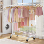 FAVOOSTY Clothes Rack for Hanging Clothes Double Rods, Rolling & Extending Clothing Rack with Wheels, Garment Coat Rack Freestanding, Portable Clothes Rack, White