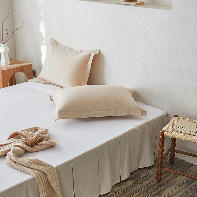 BISELINA French Linen Pleated Bed Skirt, 14" Tailored Draped Natural Linen-Cotton Blend Basic Dust Border Soft Comfort Farmhouse Bedding (14" Queen, Linen)