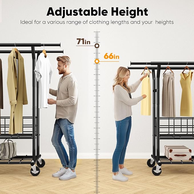 HOKEEPER Heavy Duty Clothes Rack Load 635 LBS, Clothing Rack for Hanging Clothes, Adjustable Black Double Rod with Metal Basket, Portable Rolling Garment Rack with Wheels for Bedroom, Laundry Room